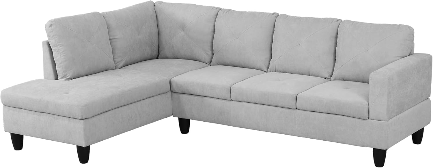 97" L-Shaped Corner Sofa with Left Chaise & Movable Storage Ottoman, 6 Seat Flannelette Fabric Sectional Couch, Wood Legs & Frame Q8228