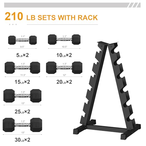 Rubber Coated Hex Dumbbell Weight Set With Rack B8179