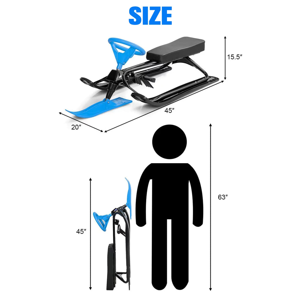 Blue Snow Racer Sled with Steering Wheel, Twin Brakes, Durable Steel Frame E51789