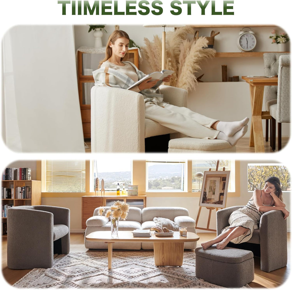 Cream Sherpa Fabric Barrel Chair with Storage Ottoman Set of 2 T3297