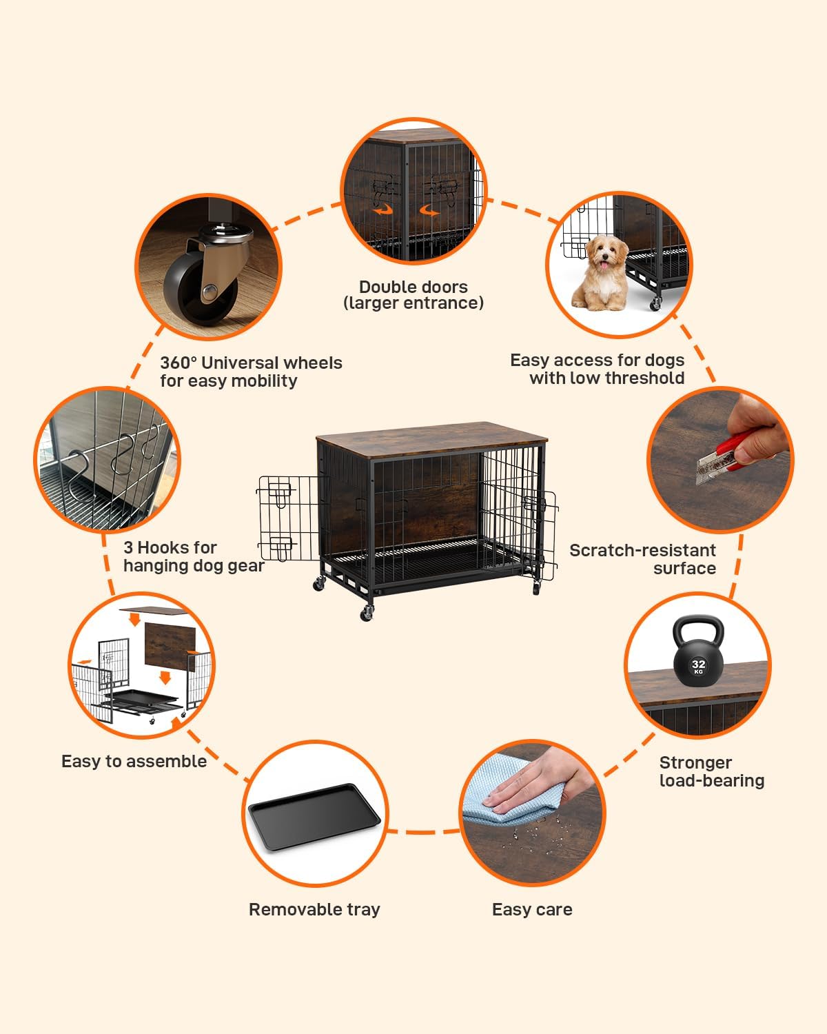 Brown Wooden Dog Crate with Removable Tray and Wheels C17239