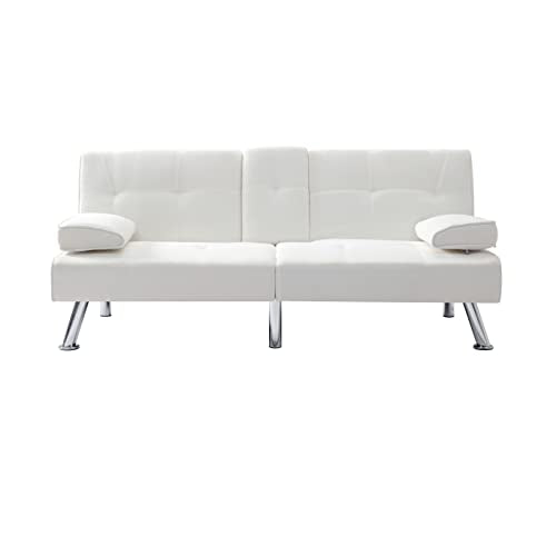 Beige Synthetic Leather Convertible Folding Sofa Bed with Metal Legs Q552