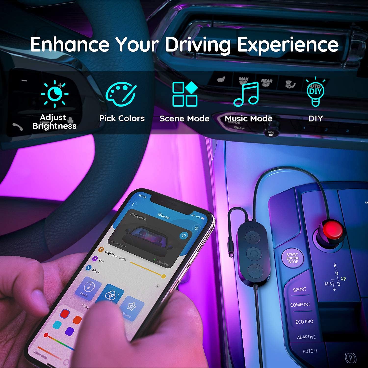 Car LED Lights with APP Control, Music Sync, 16 Million Colors, 2 Lines Design, RGB Under Dash Car Lighting with Car Charger, DC 12V A352