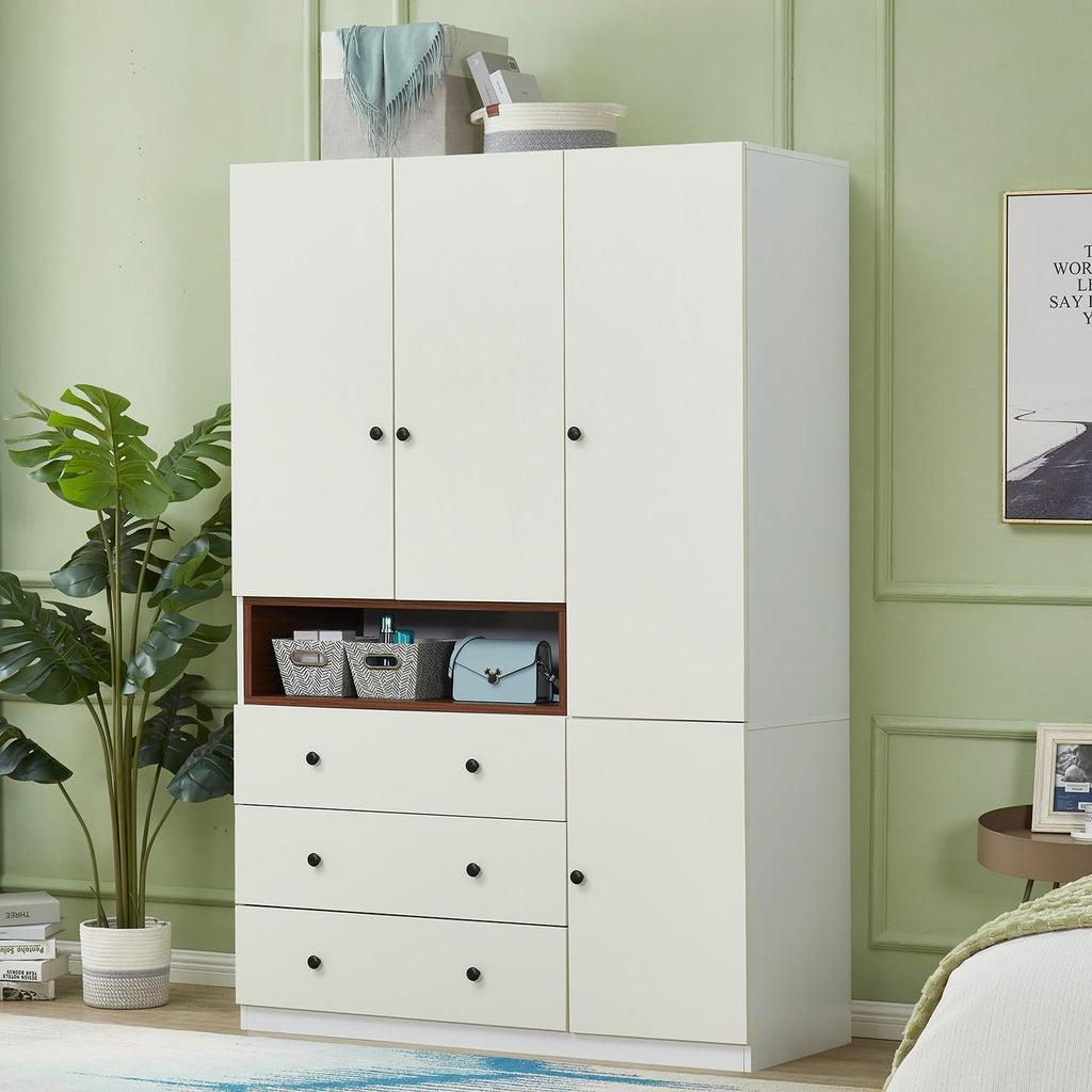 Wooden White 3-Door Armoire Wardrobe Closet with Hanging Rod Q362