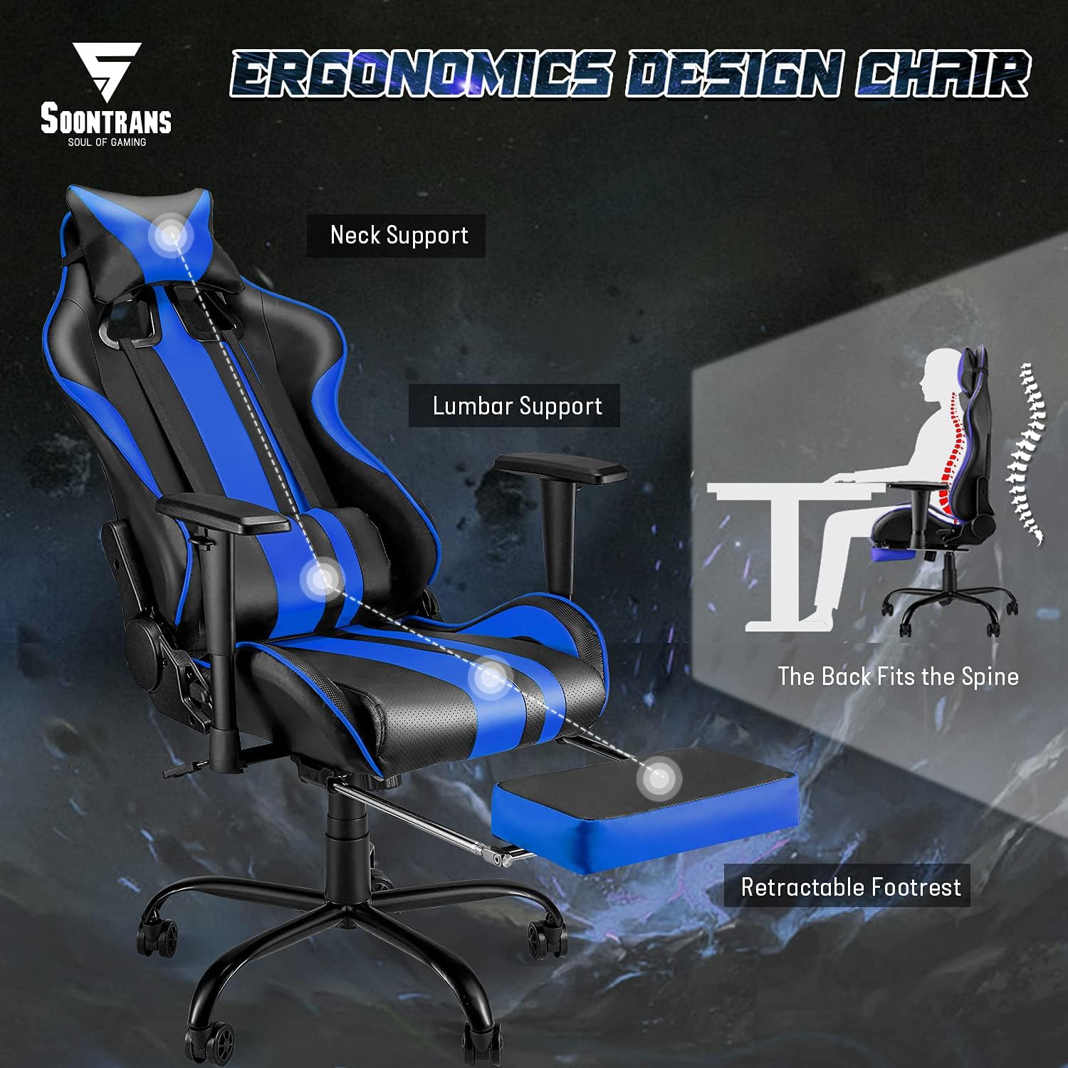 Gaming Chair with Footrest Ergonomic Desk Chair Royal Blue I9315