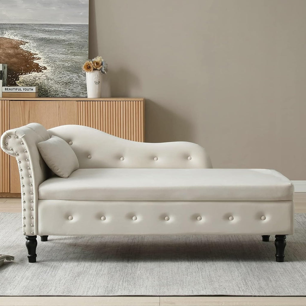 Beige Velvet Upholstered Chaise Lounge Chair with Storage and Pillow T801694
