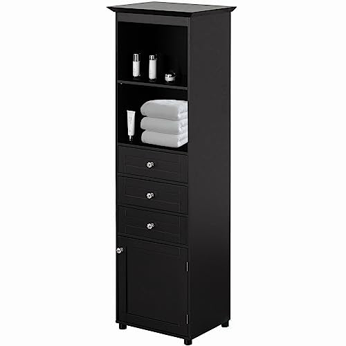 Black Tall Freestanding Storage Cabinet with 2 Open Shelves, 3 Drawers Y217107