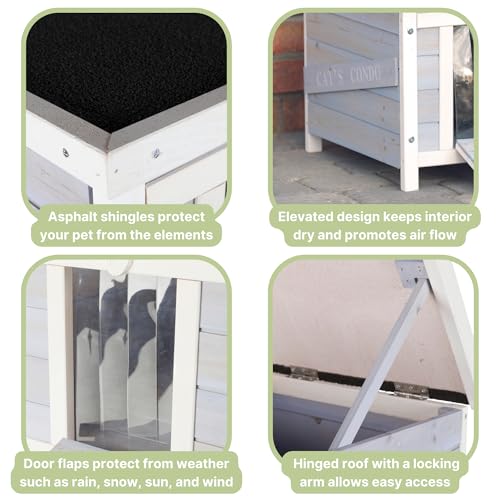 Gray & White Fir Wood Outdoor Cat House with Raised Floor and Hinged Asphalt Roof C528