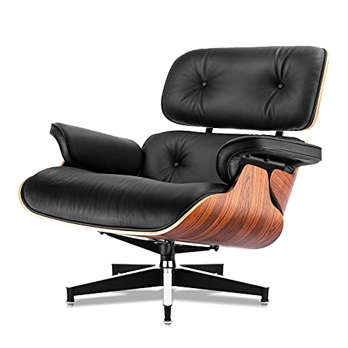 Top Black Grain Leather Palisander Wood Lounge Chair and Ottoman V26658