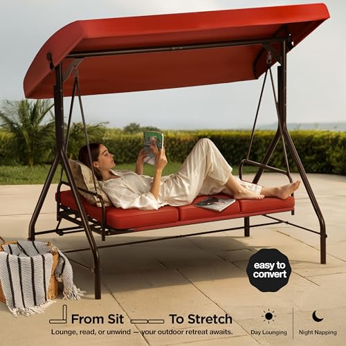 Burgundy 3-Seat Patio Outdoor Swing with Canopy Y992904