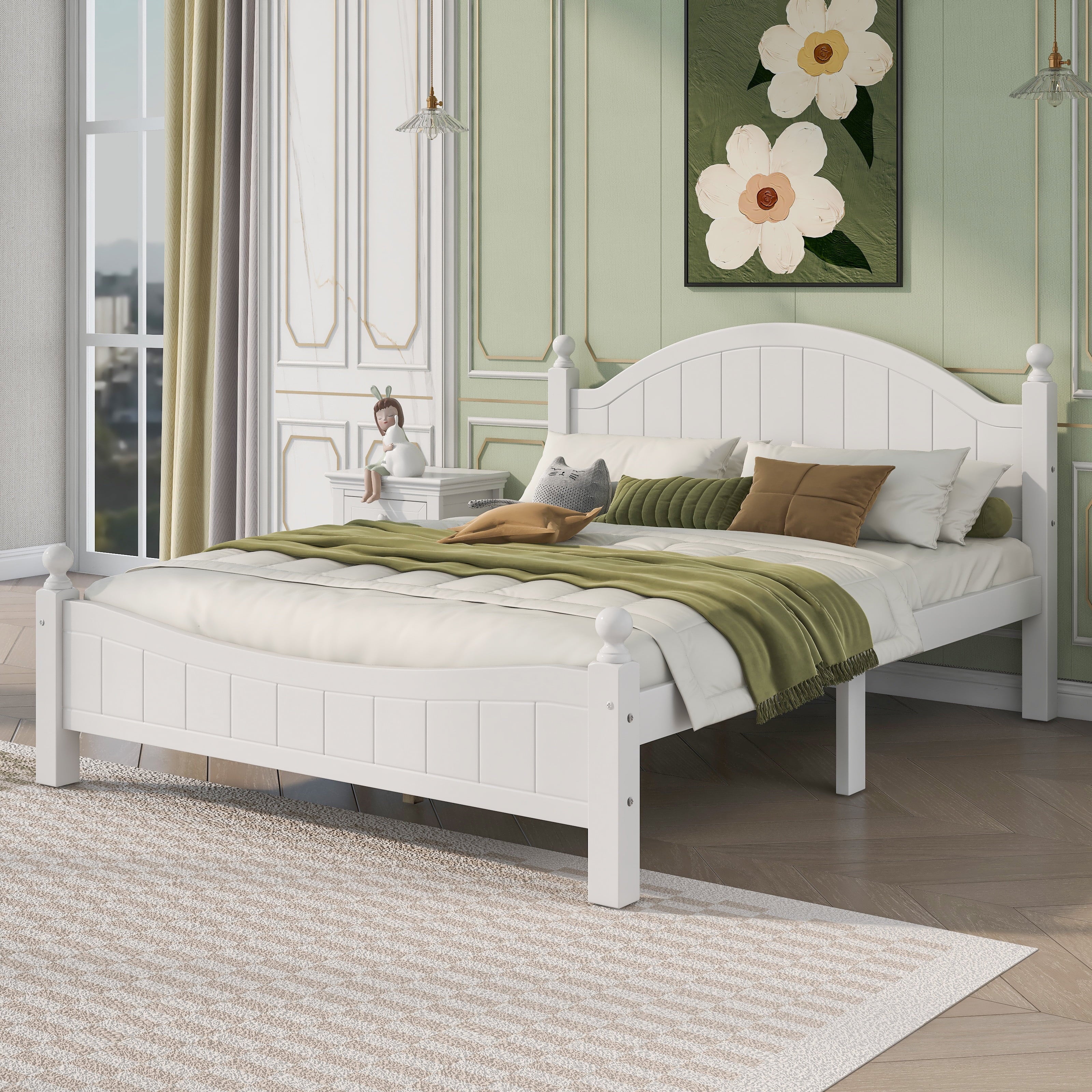 Queen Size Solid Wood Platform Bed with Headboard and Footboard White P3741