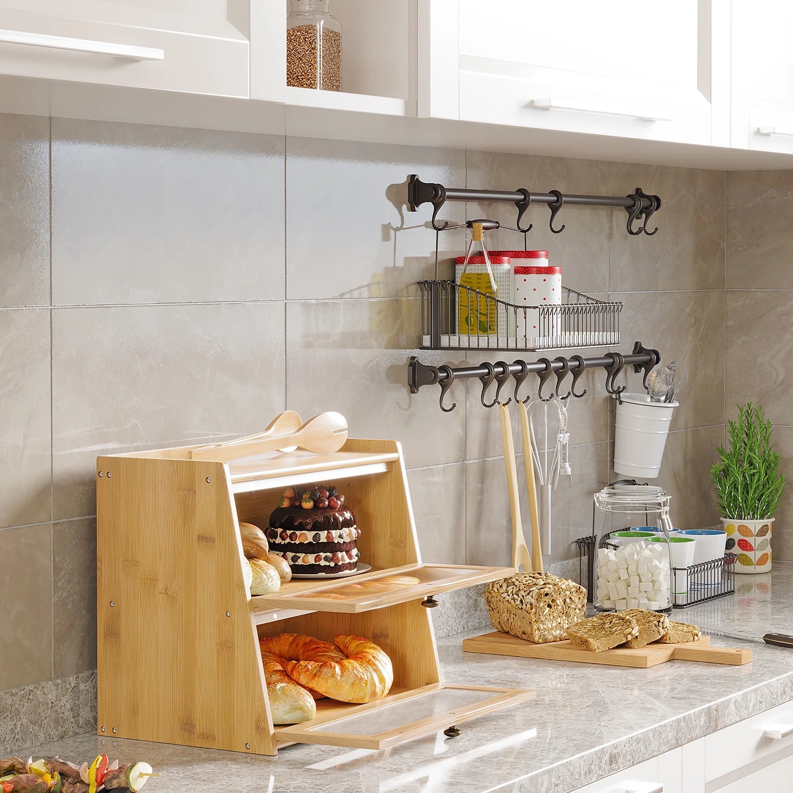 Double Layer Bamboo Bread Storage Container with Window K754