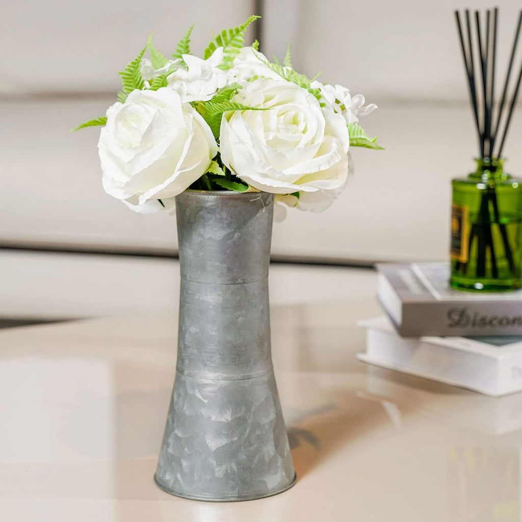 8 Inch Galvanized Metal Decorative Flower Vase with Faux Floral Bouquet, Artificial White Roses V832