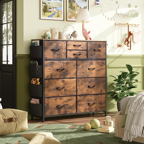 Rustic Brown 10 Drawer Fabric Dresser with Metal Frame V292