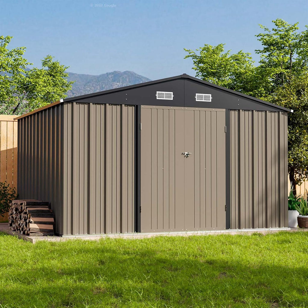 10 x 8 FT Metal Storage Shed with Sloping Roof and Double Lockable Door, Brown F4726